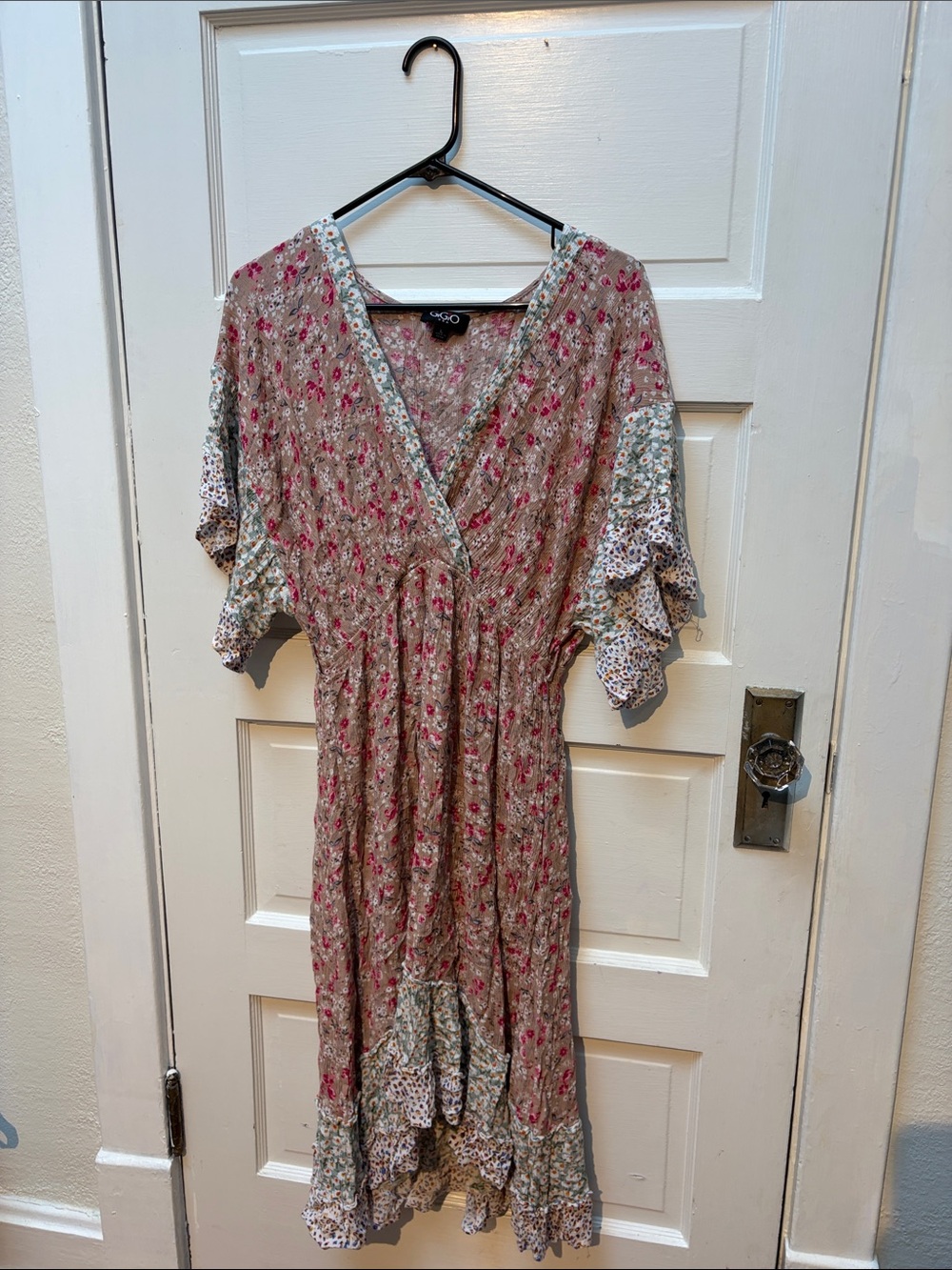 Boho Pink Floral Wrap Midi Dress with Ruffle Sleeves
